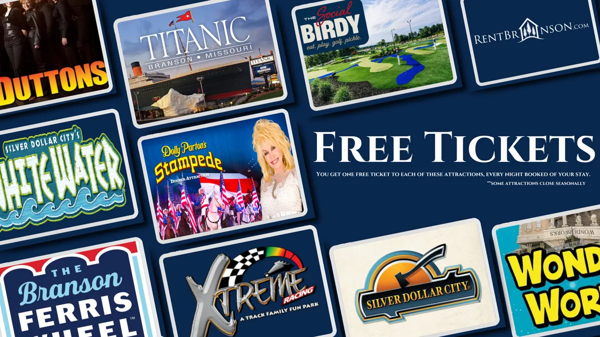 A bright, playful interior scene showcasing attraction logos, free ticket offers, and colorful graphics, symbolizing the excitement and variety of Branson’s entertainment options for families.